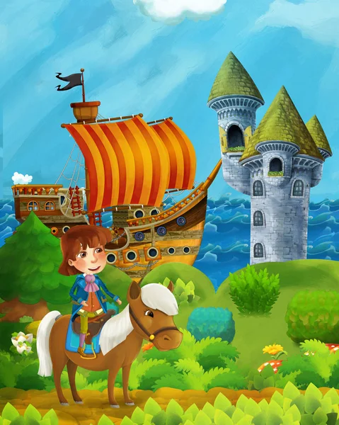 Cena da floresta dos desenhos animados com príncipe e princesa em pé no caminho perto da floresta e costa do mar e navio pirata está ancorado escondido e torre do castelo - ilustração para crianças — Fotografia de Stock