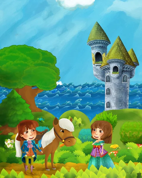 Escena del bosque de dibujos animados con la princesa y el príncipe en el camino cerca de la orilla del mar bosque y la torre del castillo - ilustración para los niños — Foto de Stock