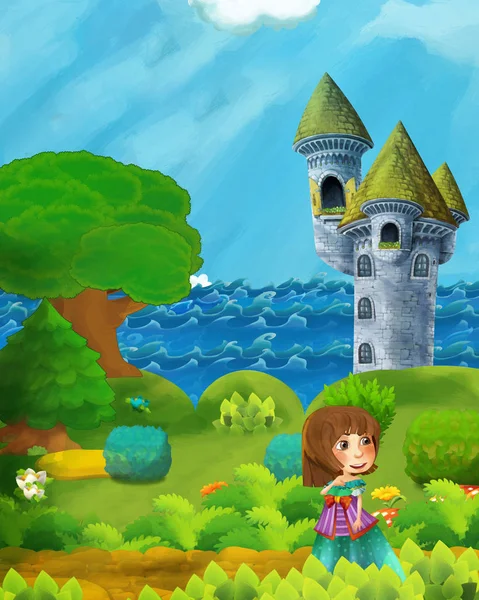 Dessin animé scène de forêt avec sentier princesse près de la forêt bord de mer et tour du château illustration pour les enfants — Photo
