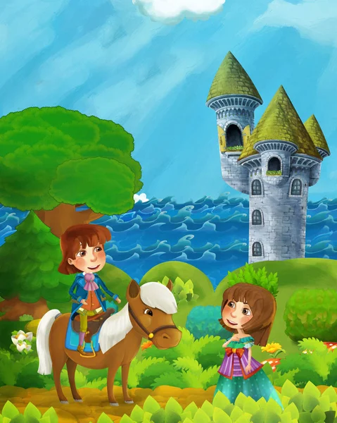 Orman kıyısı ve kale kulesi yakınlarında prenses ve prensin olduğu çizgi film sahnesi - çocuklar için bir illüstrasyon — Stok fotoğraf