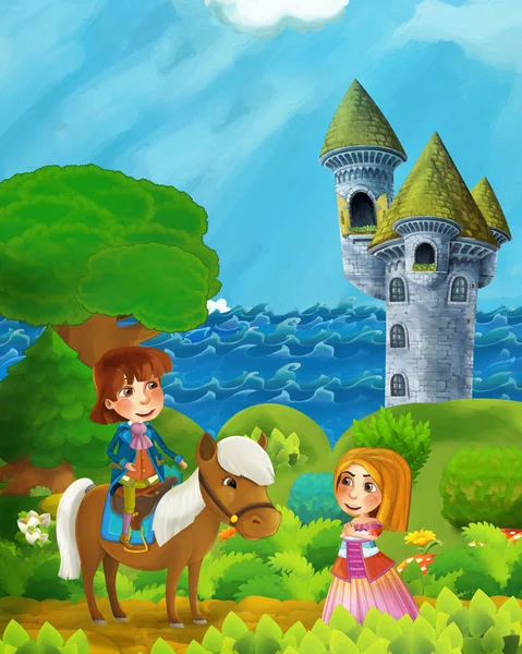 Dessin animé scène de forêt avec princesse et prince sur le chemin près de la forêt bord de mer et et tour du château illustration pour les enfants — Photo