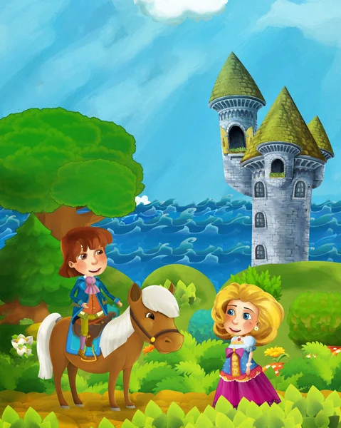 Escena del bosque de dibujos animados con el camino príncipe cerca de la orilla del mar bosque y la torre del castillo - ilustración para los niños — Foto de Stock
