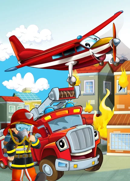 Cartoon-Szene mit verschiedenen Feuerwehrgeräten Hubschrauber ein — Stockfoto