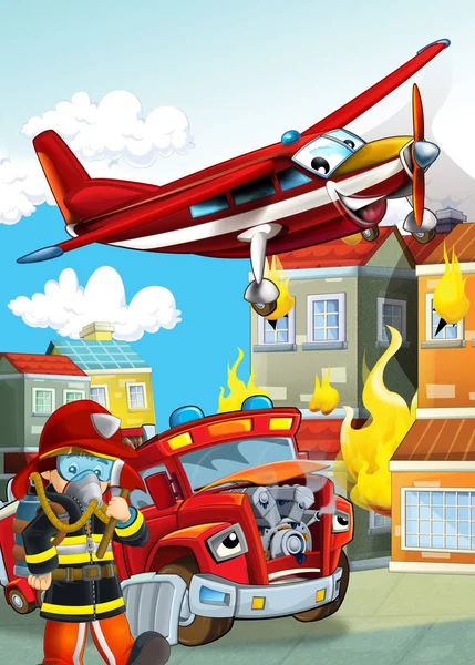 Cartoon scene with different fire fighter machines helicopter an — Stock Photo, Image