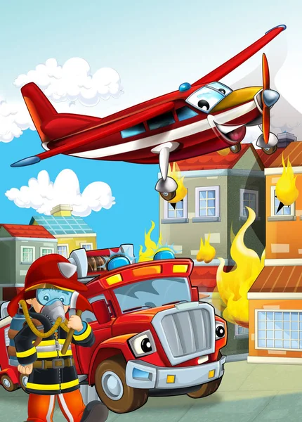 Мультфильм сцены с различными пожарных машин вертолет и — стоковое фото