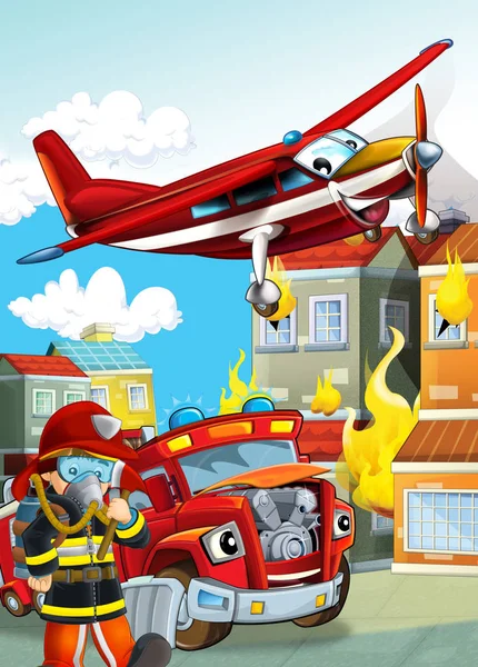 Cartoon scene met verschillende brandweermachines helikopter een — Stockfoto