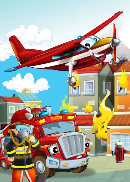 Cartoon scene with different fire fighter machines helicopter an — Stock Photo, Image