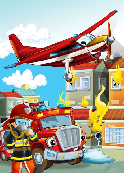 Σκηνή κινουμένων σχεδίων με διαφορετικές μηχανές πυροσβέστη ελικόπτερο ένα — Φωτογραφία Αρχείου