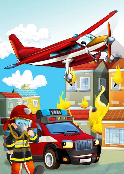 Kreslená scéna s různými hasiči stroje vrtulník — Stock fotografie