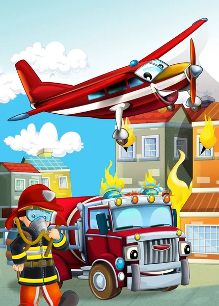 Rajzfilm jelenet különböző tűzoltó gépek helikopter egy — Stock Fotó
