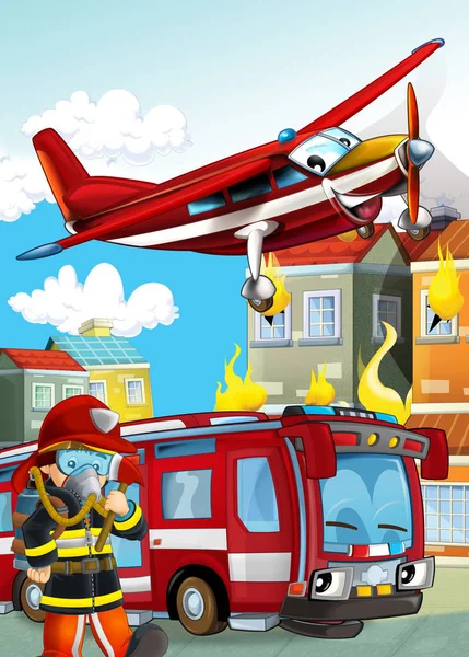 Kreslená scéna s různými hasiči stroje vrtulník — Stock fotografie