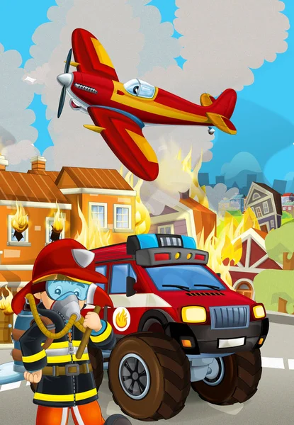 Cartoon scene met brandweerman auto voertuig in de buurt van brandend gebouw - i — Stockfoto