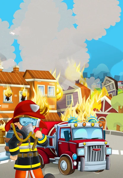 Cartoon scene met brandweerman auto voertuig in de buurt van brandend gebouw - i — Stockfoto