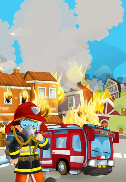 Cartoon scene with fireman car vehicle near burning building - i — Stock Photo, Image