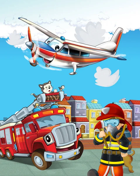 Engraçado olhando cartoon caminhão bombeiro dirigindo através da cidade e — Fotografia de Stock
