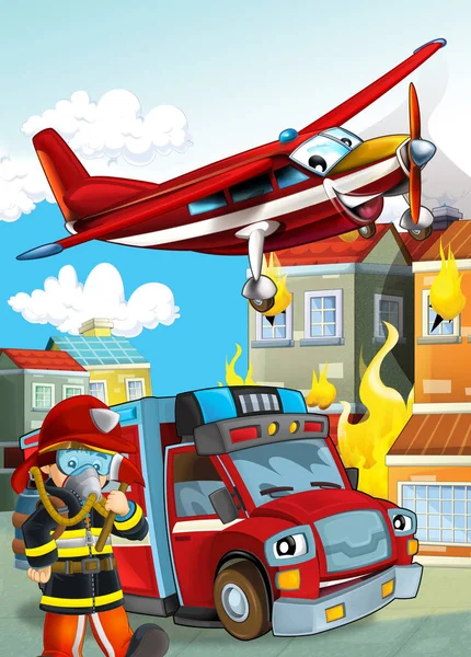 Cartoon scene with different fire fighter machines helicopter an — Stock Photo, Image