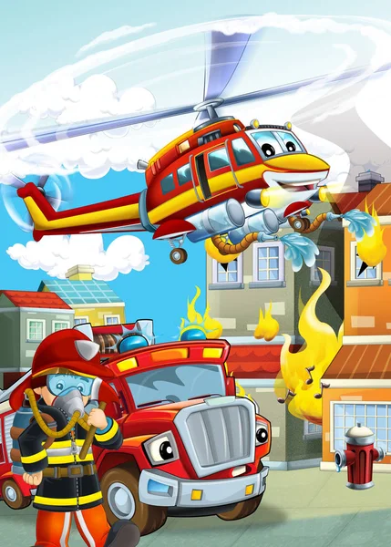 Cartoon scene with different fire fighter machines helicopter an — Stock Photo, Image