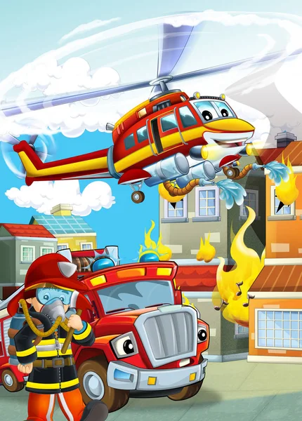 Cartoon scene with different fire fighter machines helicopter an — 스톡 사진