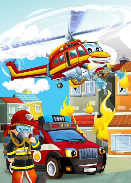 Cartoon scene with different fire fighter machines helicopter an — Stock Photo, Image