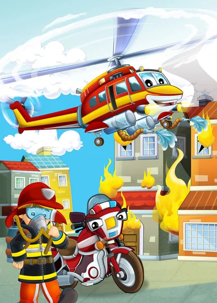 Cartoon scene with different fire fighter machines helicopter an — 스톡 사진