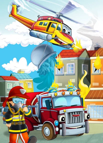 Cartoon scene with different fire fighter machines helicopter an — 스톡 사진