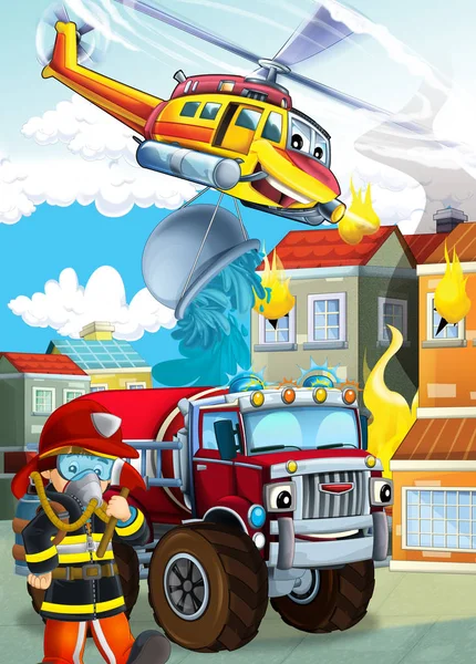 Escena de dibujos animados con diferentes máquinas de bomberos helicóptero un —  Fotos de Stock