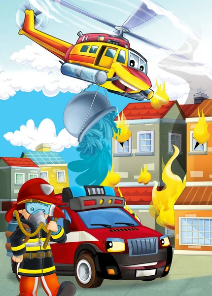 Cartoon stage with different machines for firefighting helicopte — Stock Photo, Image