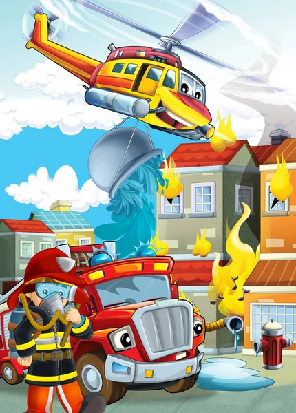 Cartoon-Bühne mit verschiedenen Maschinen für Löschhubschrauber — Stockfoto
