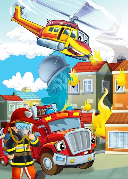 Cartoon stage with different machines for firefighting helicopte — Stock Photo, Image