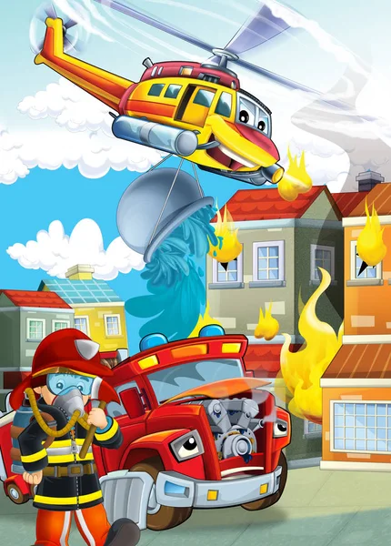 Etapa de dibujos animados con diferentes máquinas para la lucha contra incendios helicóptero —  Fotos de Stock