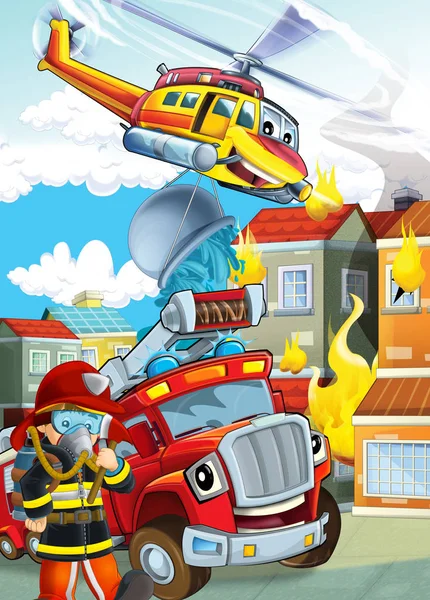 卡通片舞台,装有不同的消防机器 — 图库照片
