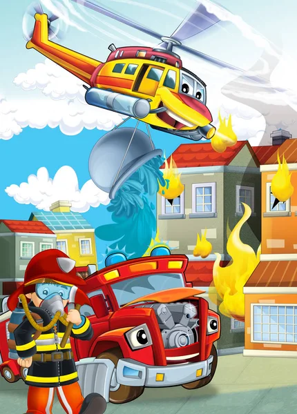 Tecknad scen med olika maskiner för brandbekämpning helikopter — Stockfoto