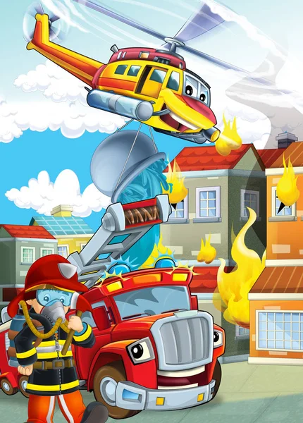 Cartoon stage with different machines for firefighting helicopte — 스톡 사진