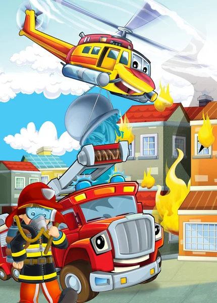 Cartoon stage with different machines for firefighting helicopte — Stock Photo, Image