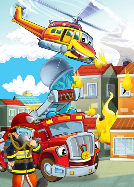 Cartoon stage with different machines for firefighting helicopte — Stock Photo, Image