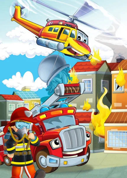 Kreslené jeviště s různými stroji pro hašení požáru vrtulníku — Stock fotografie