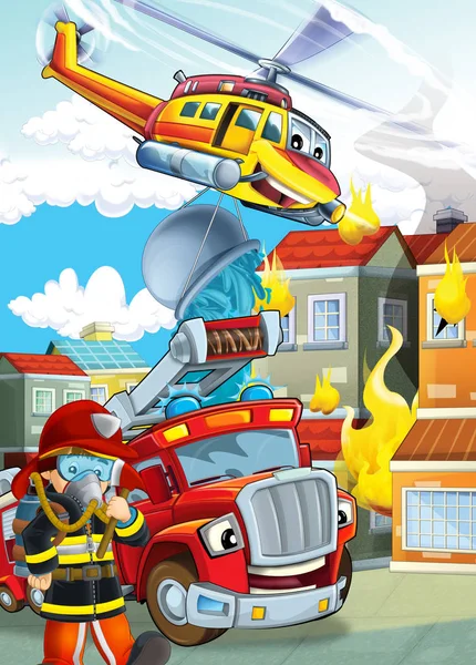 Tecknad scen med olika maskiner för brandbekämpning helikopter — Stockfoto