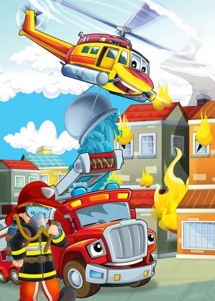 Palco dos desenhos animados com diferentes máquinas para combate a incêndios helicóptero — Fotografia de Stock