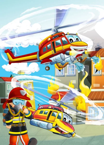 Cartoon scene with fire fighter machines helicopters illustratio — 스톡 사진