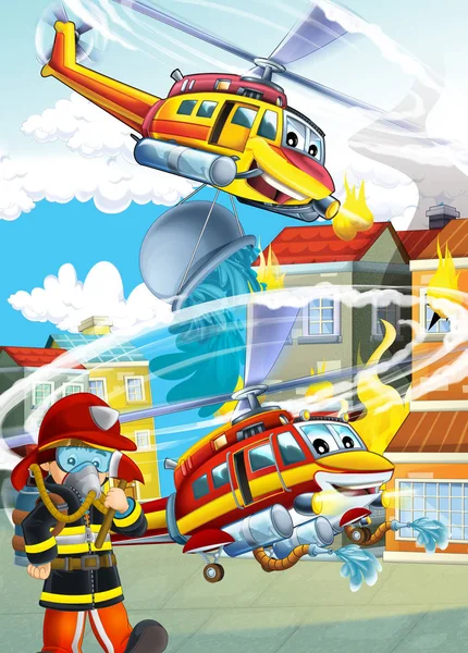 Scena dei cartoni animati con macchine tagliafuoco elicotteri illustratio — Foto Stock