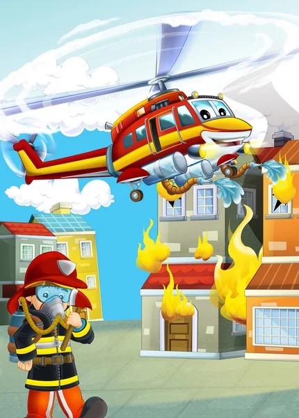Cena dos desenhos animados com máquina de bombeiro helicóptero ilustração — Fotografia de Stock