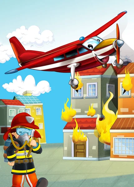 Kreslená scéna s požární stroj letadlo ilustrace pro c — Stock fotografie