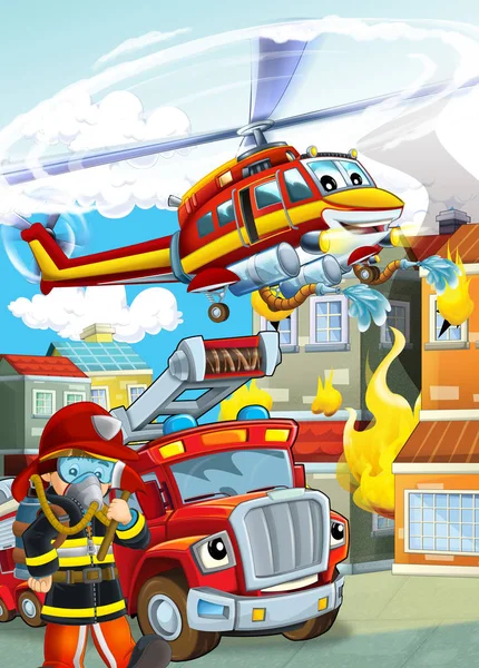 Cartoon scene with different fire fighter machines helicopter an — 스톡 사진