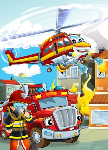 Cartoon scene met verschillende brandweermachines helikopter een — Stockfoto
