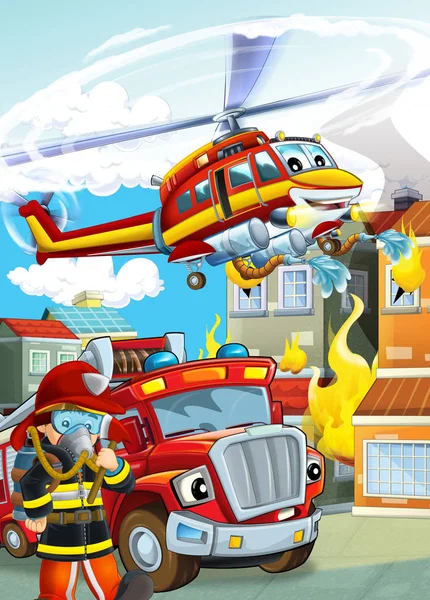 Cartoon scene with different fire fighter machines helicopter an — 스톡 사진