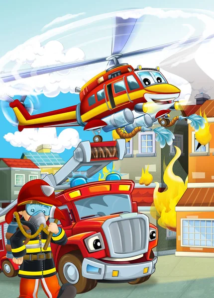 cartoon scene with different fire fighter machines helicopter an