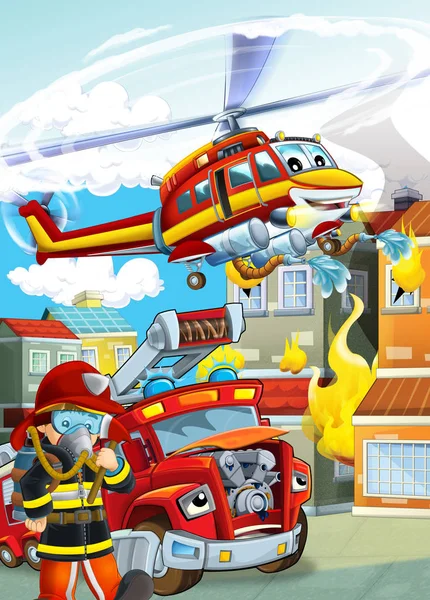 Cartoon scene with different fire fighter machines helicopter an — Stock Photo, Image