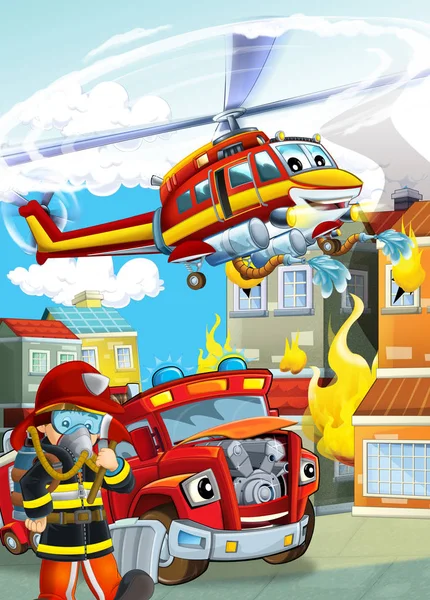 Cartoon scene with different fire fighter machines helicopter an — 스톡 사진