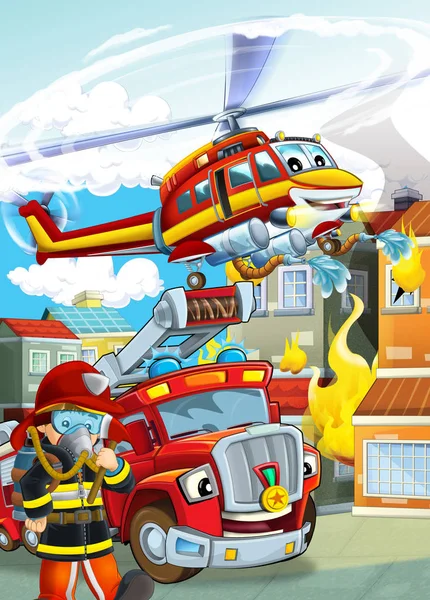 Cartoon scene with different fire fighter machines helicopter an — 스톡 사진