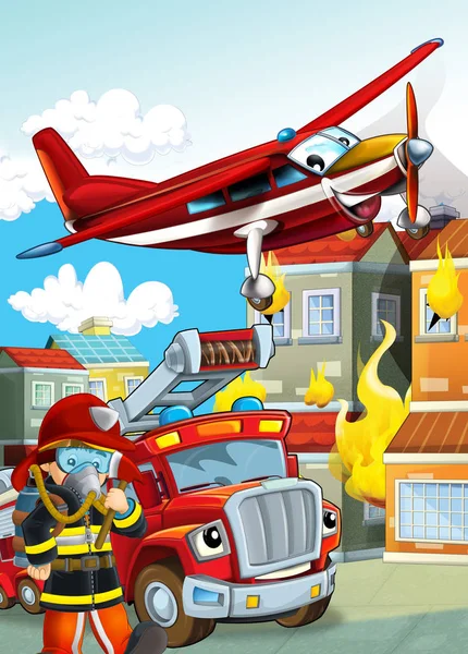 Cartoon scene with different fire fighter machines helicopter an — Stock Photo, Image